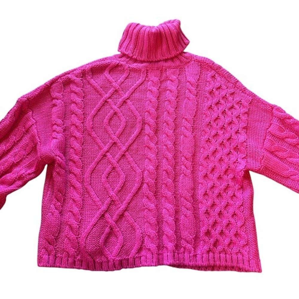 Judith March‎ Hot Pink Cable Knit Turtleneck Cropped Sweater Whimsy Cottagecore - Picture 2 of 6